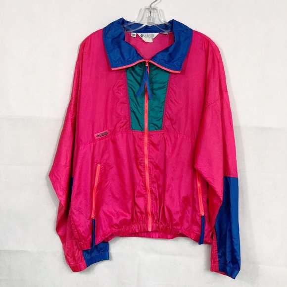 Vintage Columbia Bright Pink Color Block Zip Front Windbreaker Jacket - LARGE